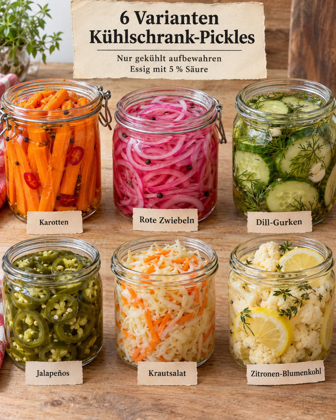 Sechs Gläser Kühlschrank-Pickles mit Karotten, roten Zwiebeln, Dill-Gurken, Jalapeños, Krautsalat und Zitronen-Blumenkohl