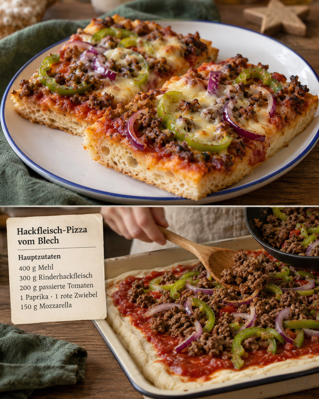 Hackfleisch-Pizza vom Blech mit grüner Paprika, roten Zwiebeln und geschmolzenem Mozzarella