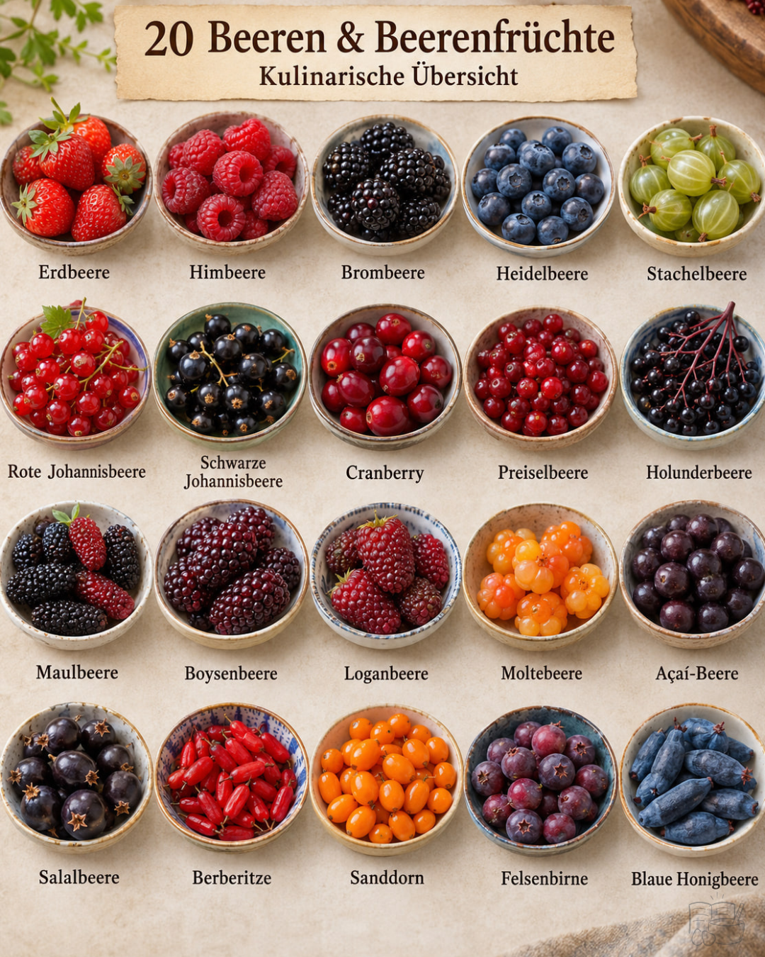 Übersicht mit 20 Schalen Beeren: Erdbeere, Himbeere, Brombeere, Heidelbeere, Johannisbeeren, Cranberry, Sanddorn, Honigbeere und mehr