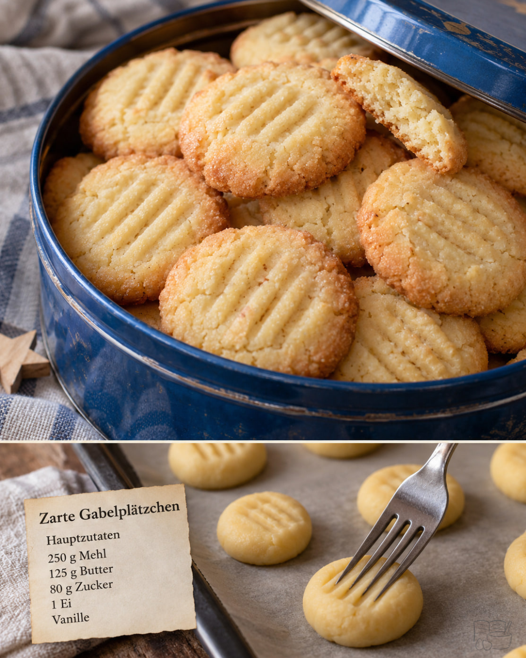 Runde Gabelplätzchen mit typischen Rillen in einer blauen Keksdose