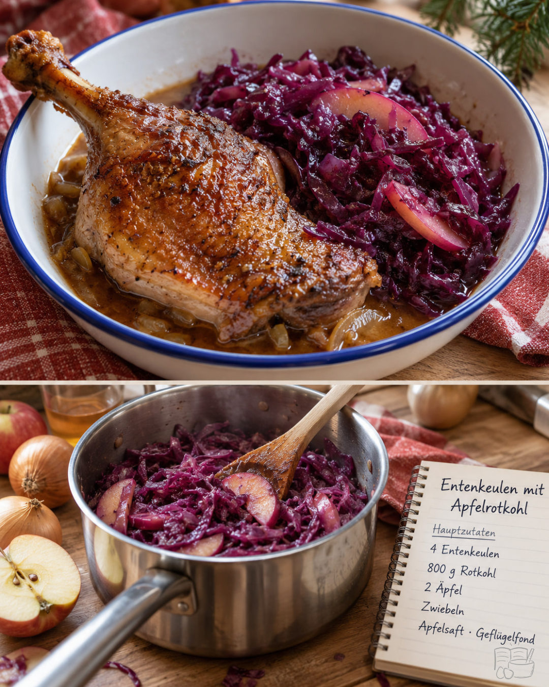 Knusprige Entenkeule mit Apfelrotkohl auf einem Teller, daneben ein Topf Rotkohl