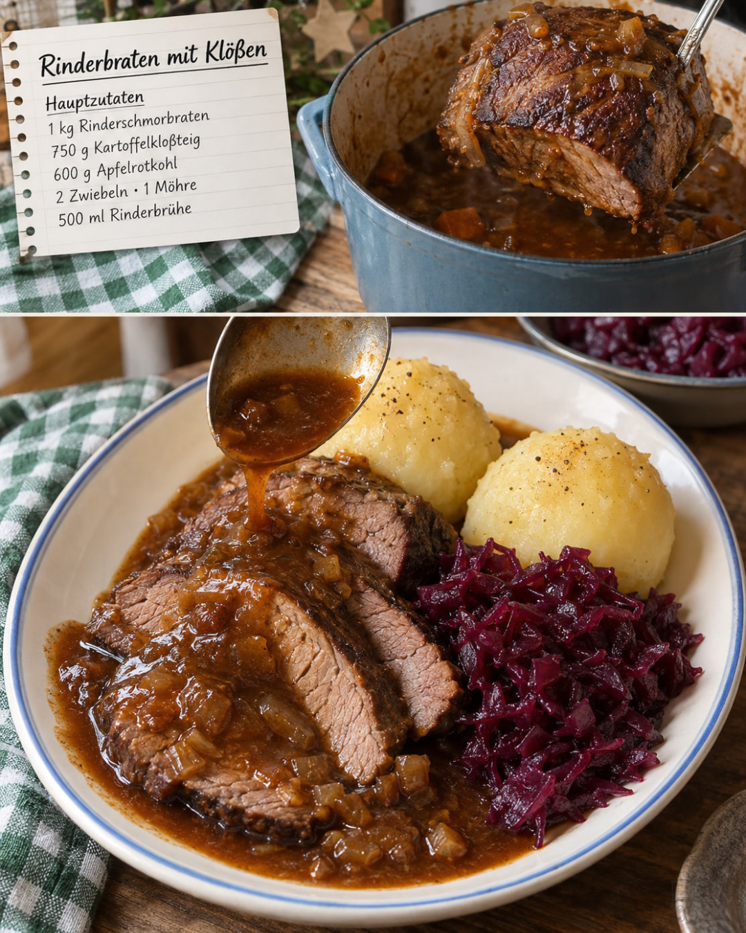 Rinderbraten in Scheiben mit Zwiebelsoße, Kartoffelklößen und Apfelrotkohl auf einem Teller