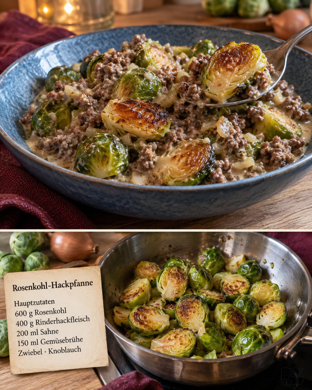 Rosenkohl-Hackpfanne mit gebräunten Rosenkohlhälften und Hackfleisch in cremiger Rahmsauce
