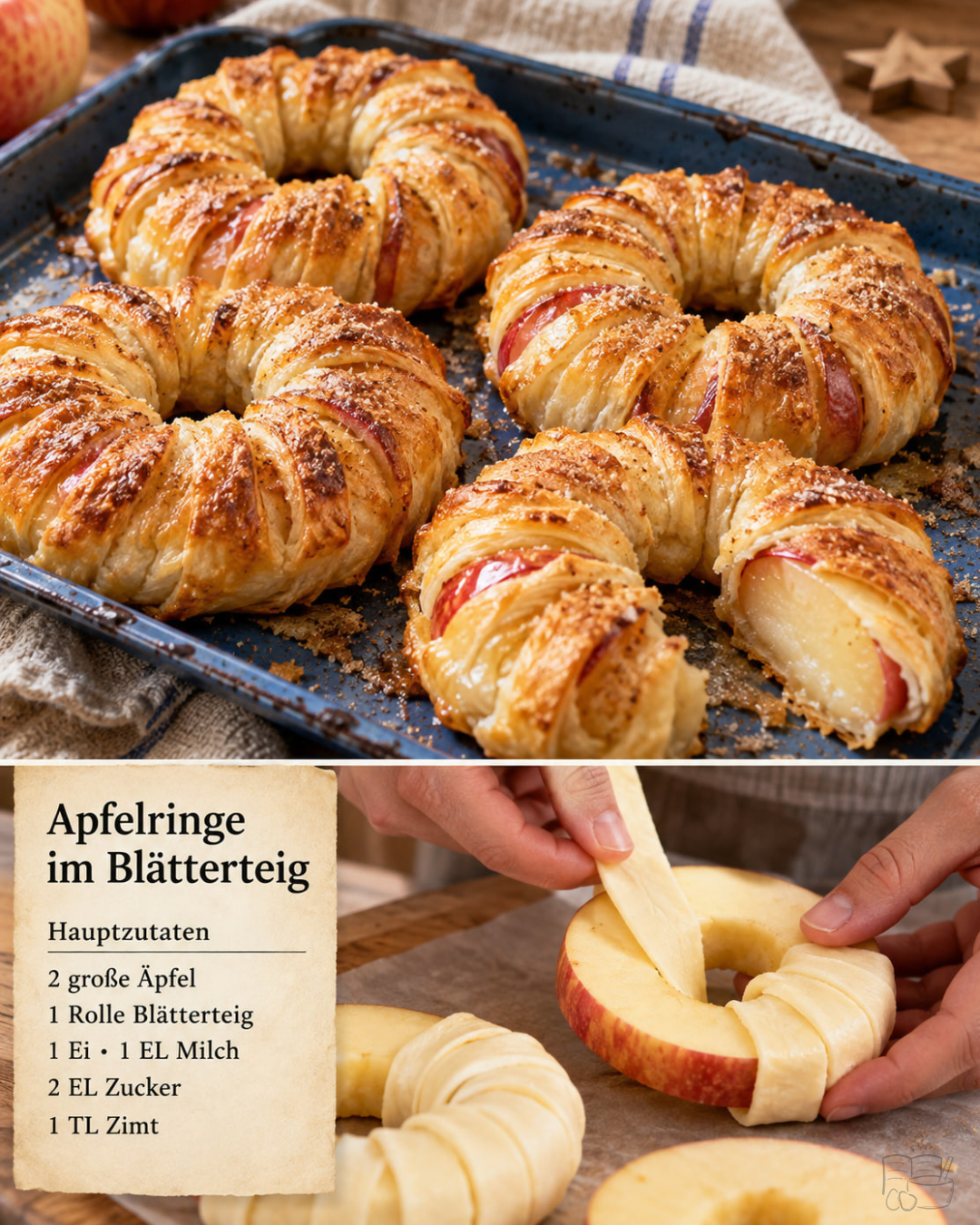 Goldbraune Apfelringe im Blätterteig mit Puderzucker auf einem Backblech
