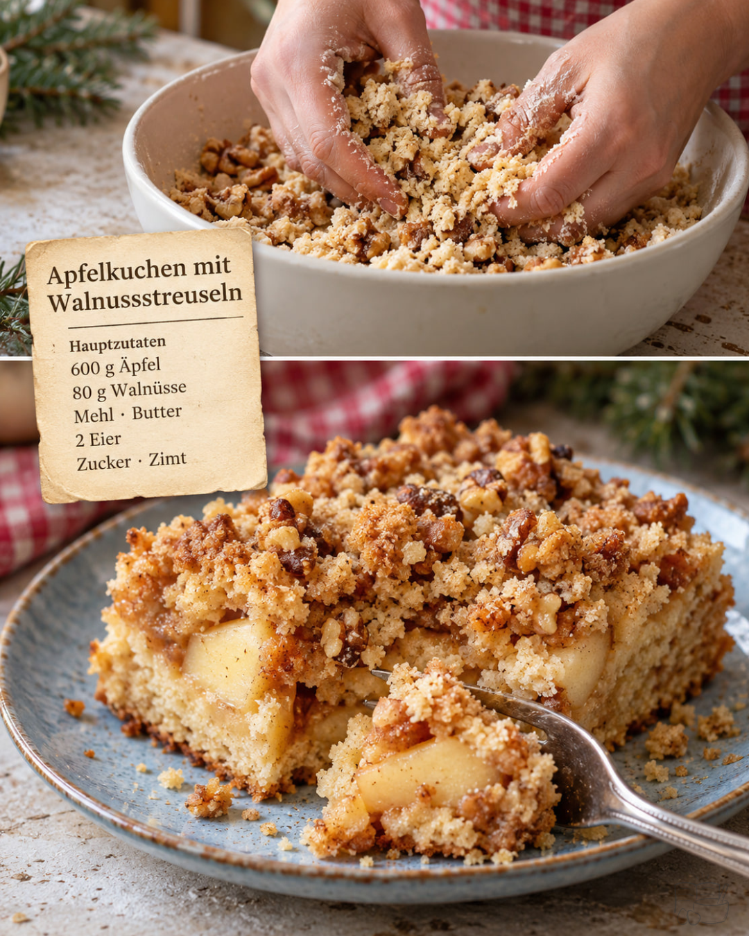 Apfelkuchen mit knusprigen Walnussstreuseln in Stücke geschnitten, mit Puderzucker bestäubt