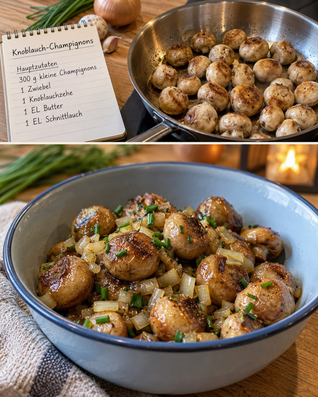Gebratene Knoblauch-Champignons mit Zwiebeln und Schnittlauch in einer Pfanne